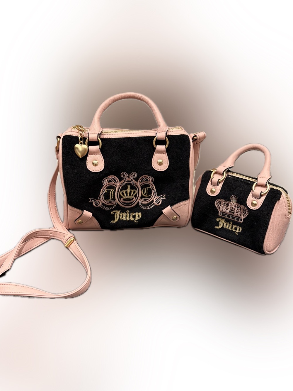 Juicy Couture Lovers Club Velour Bowler Satchel Bag Set Black Pink 🖤 Like New